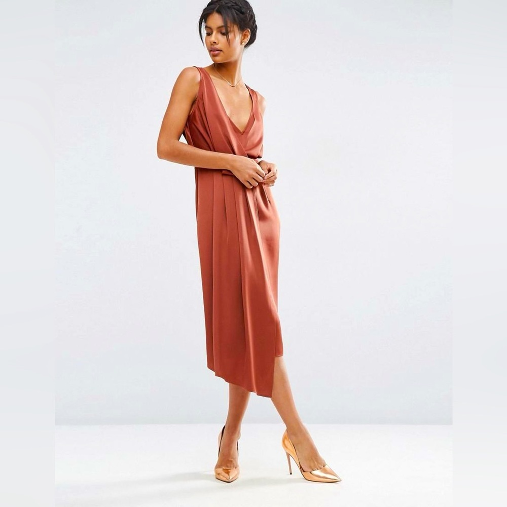 NWT ASOS Drape Front Midi Dress with Cross Back Straps Rust Orange 4